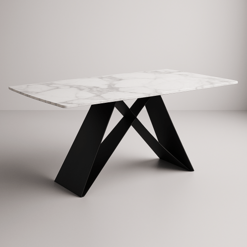 Masă dining 180x90 Neyra – Blat din piatră sinterizată cu aspect de marmură și picioare metalice