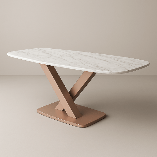 Masă dining 160x80 Xyra – Blat din piatră sinterizată cu aspect de marmură și bază metalică